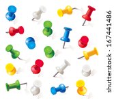 Set of push pins in different colors. Thumbtacks. Top view. Vector illustration. Isolated on white background. Set