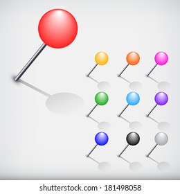 Set of push pins in different colors. Isolated on white background.   Vector illustration.