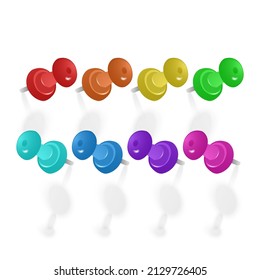 Set of push pins in different colors. Thumbtacks. Top view. Isolated on white, Vector illustration