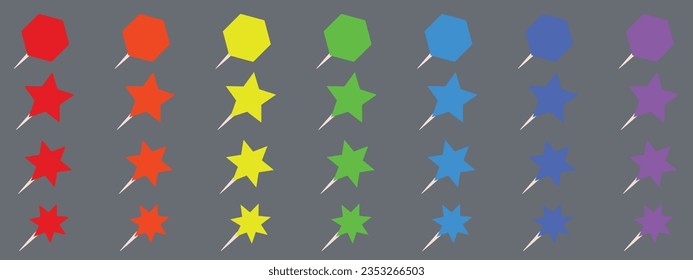 Set of push pins in different colors. Thumbtacks. Push Pins Vector Collection. Colorful pins. Vector illustration. Isolated vector illustration. Push pin icon set in flat style. Organized paper pins 