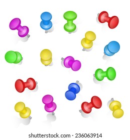 Set of push pins in different colors. Thumbtacks. Top view. Vector illustration. Isolated on white background. Set