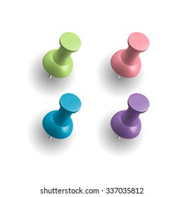 Set of push pins in different colors. Thumbtacks. Vector illustration. Isolated on white background. 