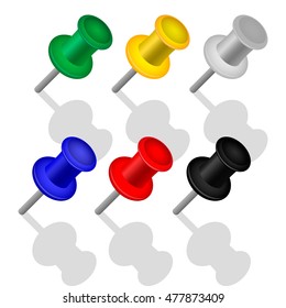 Set of push pins in different colors. Thumbtacks.