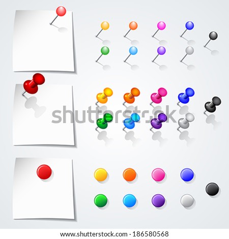 Set of push pins in different colors. Isolated on white background.   Vector illustration. 