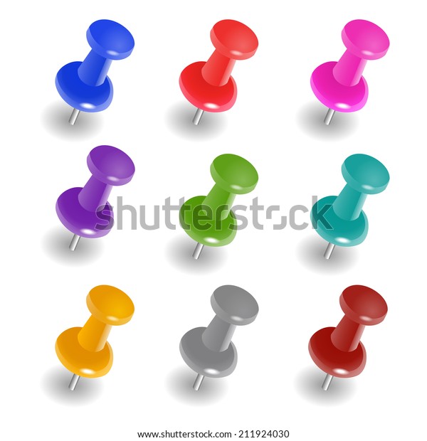 異なる色のプッシュピンのセット 画鋲 平面図 ベクターイラスト 白い背景に のベクター画像素材 ロイヤリティフリー 211924030