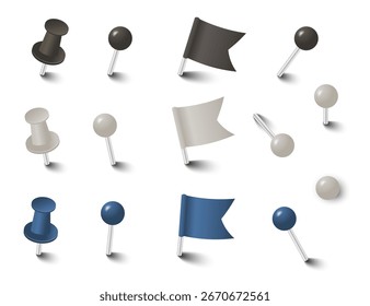 Conjunto de pinos de pressão e marcadores de sinalizador nas cores branca, azul e preta. Papel de carta de escritório vetorial para anotações, lembretes, planejamento e uso escolar, isolado
