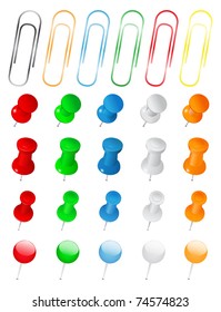 Set of Push Pins and Paper Clips on white background