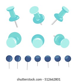 Set of push pins and thumbtacks on white background. Office stationery products. Needles and tacks. Vector illustration.