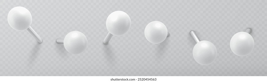 Set of push pins. Thumbtacks ready for your design. Different angle view. Vector illustration isolated on white background