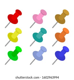 Set push pins in various colors with a flat design. Vector illustration.