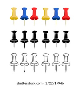 Set of push pins in various colors. Colorful office pins. Stock Vector illustration.