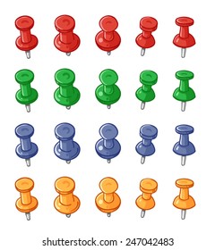 Set of push pins of various colors isolated on a white background