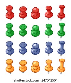 Set of push pins of various colors isolated on a white background