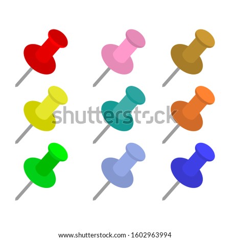 Set push pins in various colors with a flat design. Vector illustration.