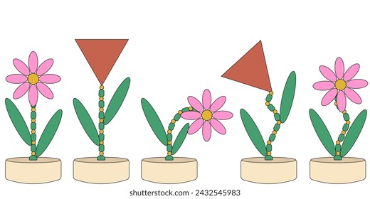 Set Push and Shake old Toy. Geometric Flowers collection isolated white background. Summer Geometry Daisy and Tulips. Vector illustration. EPS 10 Editable stroke.