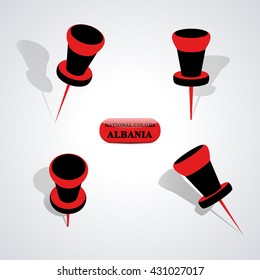 Set of pushpin in the national colors of Albania, vector illustration.