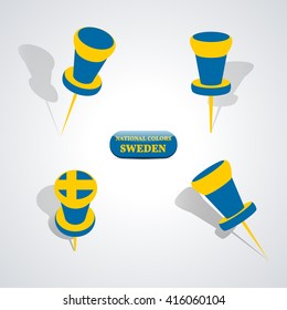 Set of pushpin in the national colors of Sweden, vector illustration.