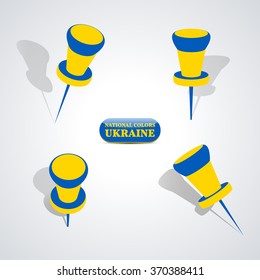 Set of pushpin in the national colors of Ukraine, vector illustration.