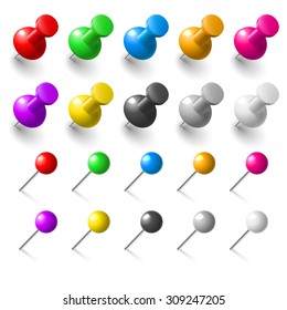 Set of pushpins on white background for design