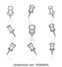 Set of pushpins of thin lines with a mirror reflection, vector illustration.