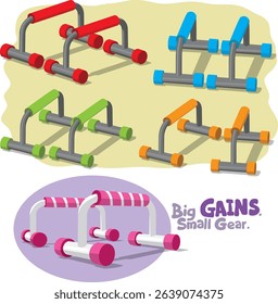 A set of push-up bars in vibrant colors-red, blue, green, orange, and pink-accompanied by the phrase "Big GAINS. Small Gear." A fitness-inspired, minimalist design emphasizing strength and simplicity.