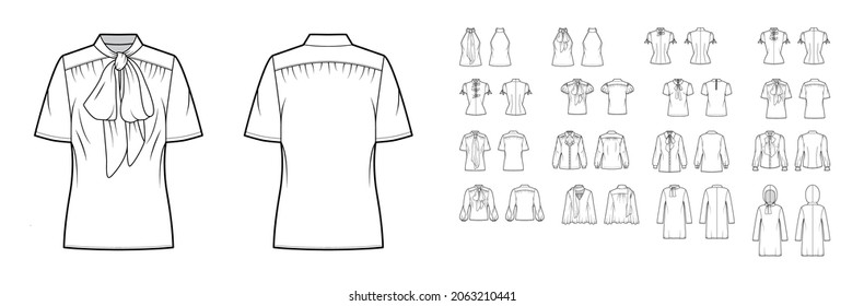 Set of pussy bow blouses, shirts technical fashion illustration with fitted oversized body, short elbow long sleeves. Flat tops apparel template front, back, white color. Women, men unisex CAD mockup