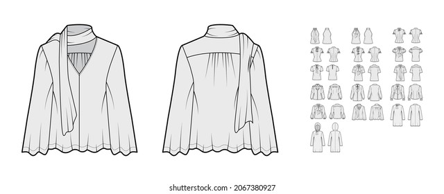 Set of pussy bow blouses, shirts technical fashion illustration with fitted oversized body, short elbow long sleeves. Flat tops apparel template front, back, grey color. Women, men unisex CAD mockup