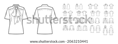 Set of pussy bow blouses, shirts technical fashion illustration with fitted oversized body, short elbow long sleeves. Flat tops apparel template front, back, white color. Women, men unisex CAD mockup