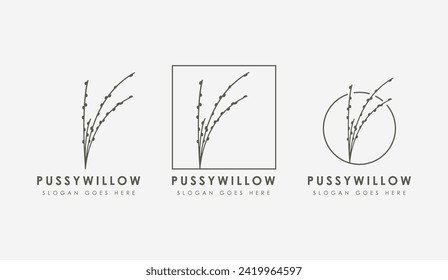 Set of Pussywillow logo design, line art pussy willow spring flower vector