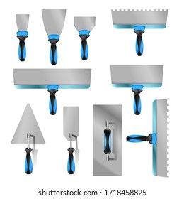  set putty knife with blue  handles. Isometric set of putty knife vector icons for construction and repair isolated on white background