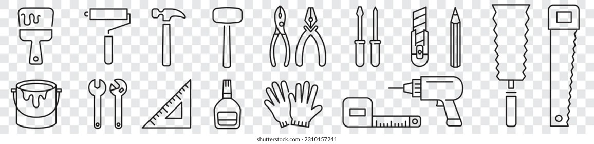 Set Putty knife, Construction Wrench spanner,  jackhammer, Adjustable wrench, Vector