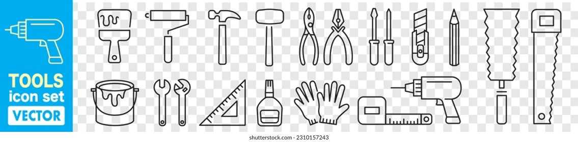 Set Putty knife, Construction Wrench spanner,  jackhammer, Adjustable wrench, Vector