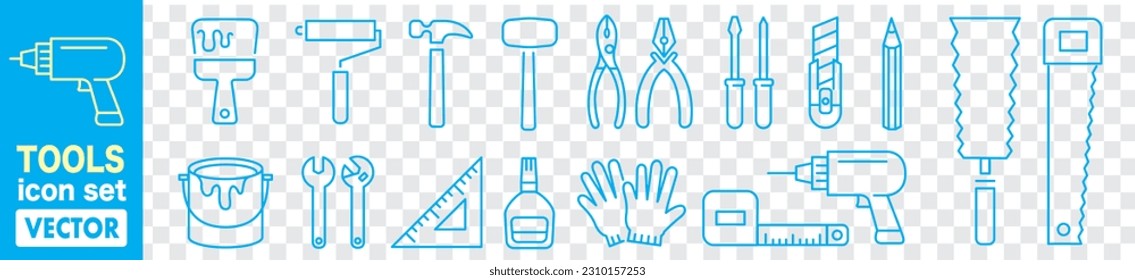 Set Putty knife, Construction Wrench spanner,  jackhammer, Adjustable wrench, Vector