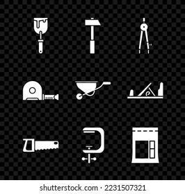 Set Putty knife, Hammer, Drawing compass, Hand saw, Clamp screw tool, Cement bag, Roulette construction and Wheelbarrow icon. Vector