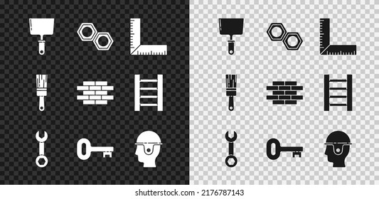 Set Putty knife, Hexagonal metal nut, Corner ruler, Wrench spanner, Old key, Worker safety helmet, Paint brush and Bricks icon. Vector