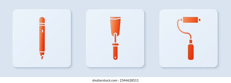 Set Putty knife, Pencil with eraser and Paint roller brush. White square button. Vector