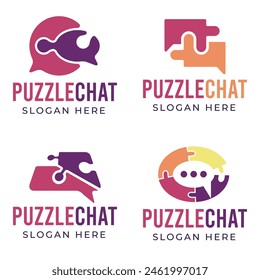 set of Puzzle chat logo template illustration. Chat bubble and puzzle icon. Speech Balloons with Puzzle for creative communication logo