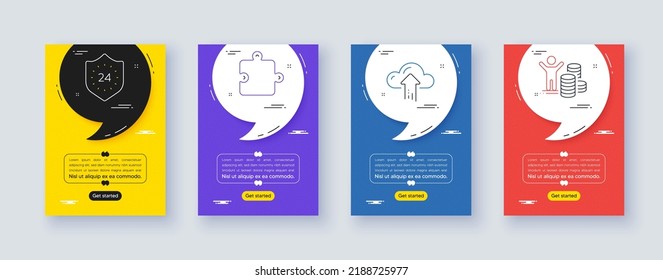 Juego de íconos Puzzle, Cloud load e iconos de línea de 24 horas. Cartel de la oferta marco con cita, coma. Incluir iconos de ganancias del presupuesto. Para web, aplicación. Pieza de rompecabezas, almacenamiento de archivos, protección. Comerciante. Vector