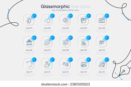 Set of Puzzle, Engineer and Wholesale inventory line icons for web app. Timer, Recovery data, Click hand icons. Teamwork, Waterproof, Buying house signs. Refresh website. Glassmorphism buttons. Vector