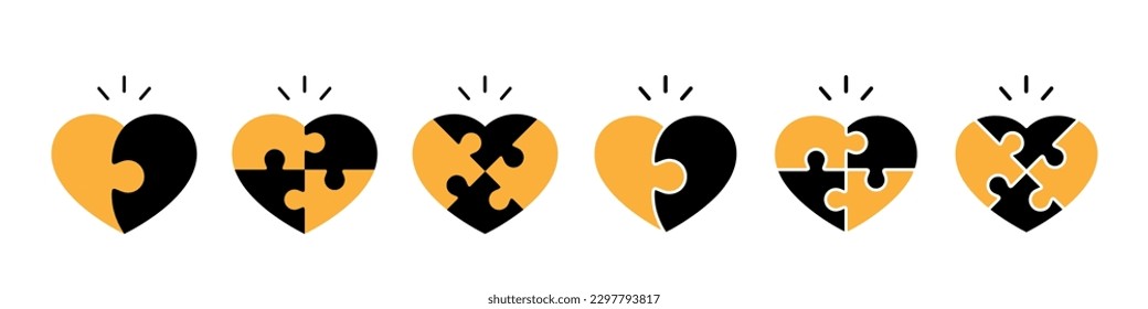 Set of puzzle heart shapes. Jigsaw heart symbol illustration