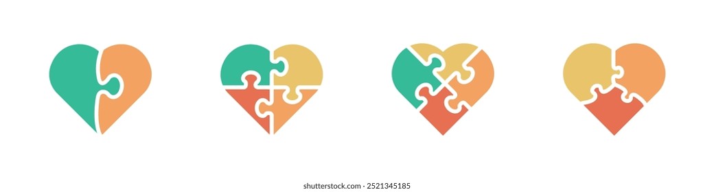 Set of puzzle heart shapes. Puzzle pieces. Valentine day. Vector illustration.