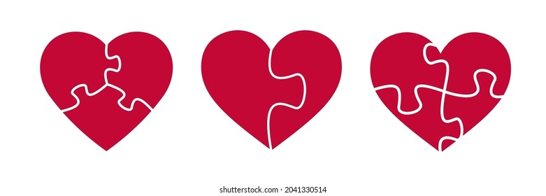 Set of puzzle heart shapes. Two, three, four puzzle pieces. Valentine day symbol. Jigsaw heart symbol. Romantic icon. Vector illustration
