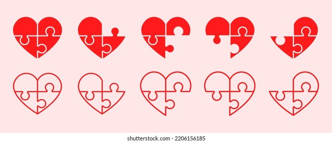 Set of puzzle hearts vector icons. Red hearts puzzle pieces. Together sign. Vector 10 EPS.
