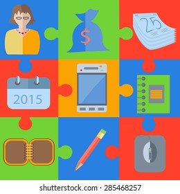 Set of puzzle icons into a flat style. items office items, equipment. Stylized gadgets. Concept icons for web and mobile applications, design of the site. Vector illustration