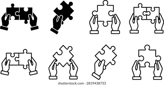 Set of puzzle icons showing hands connecting pieces representing business strategy and problem solving solutions