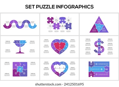 Set Puzzle infographic with 3, 4, 5, 6, 8 steps, options, parts or processes. Template for web