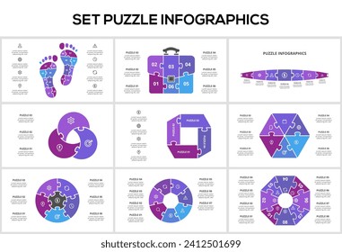 Set Puzzle infographic with 3, 4, 5, 6, steps, options, parts or processes. Template for web