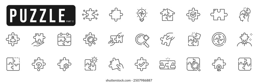 Set of puzzle line icons set 2. Jigsaw, solution, solve, piece, idea, team etc. Editable stroke