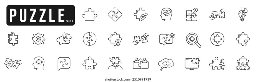 Set of puzzle line icons set 3. Jigsaw, fit, solve, piece, idea, team etc. Editable stroke