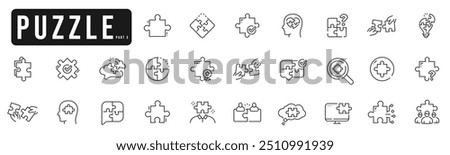 Set of puzzle line icons set 3. Jigsaw, fit, solve, piece, idea, team etc. Editable stroke